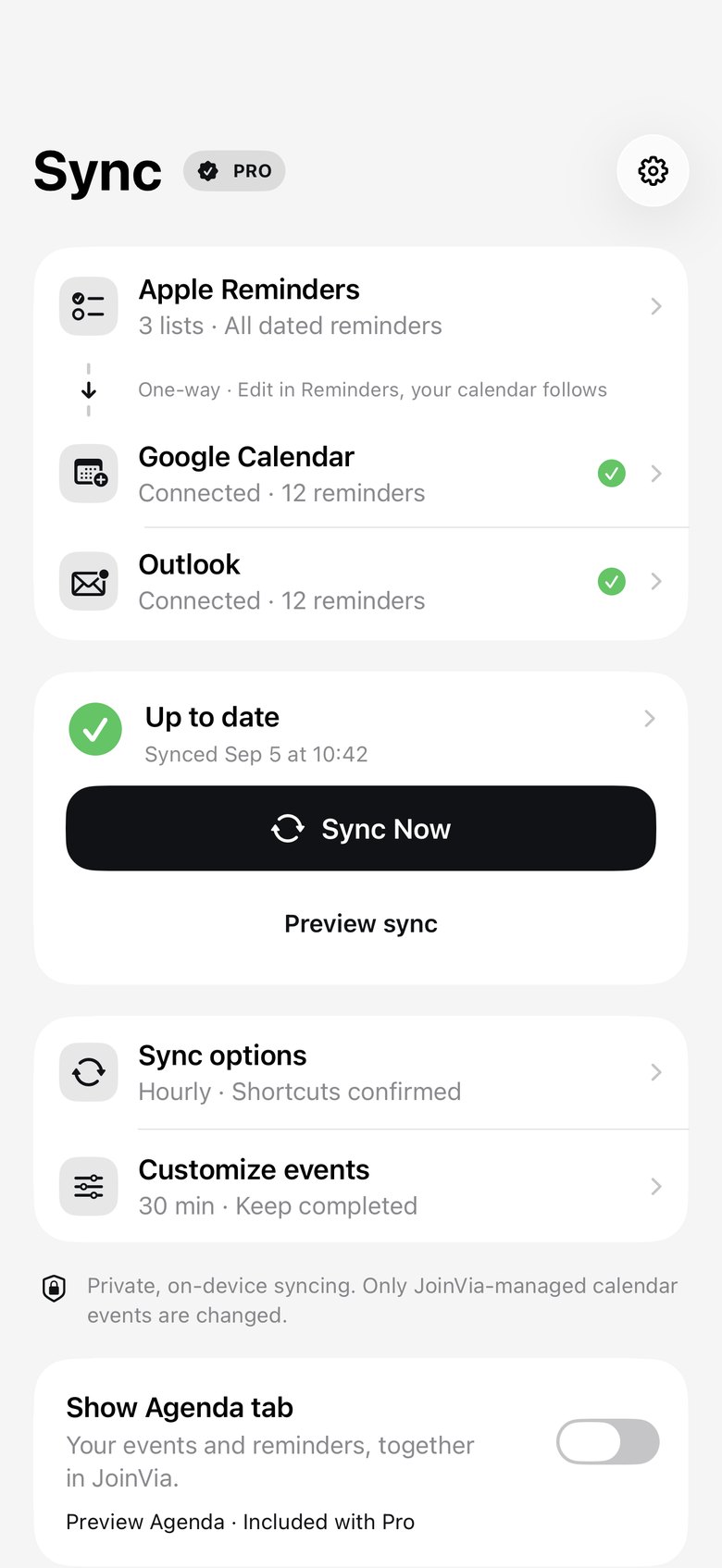 JoinVia Home showing Apple Reminders syncing to Google Calendar and Outlook