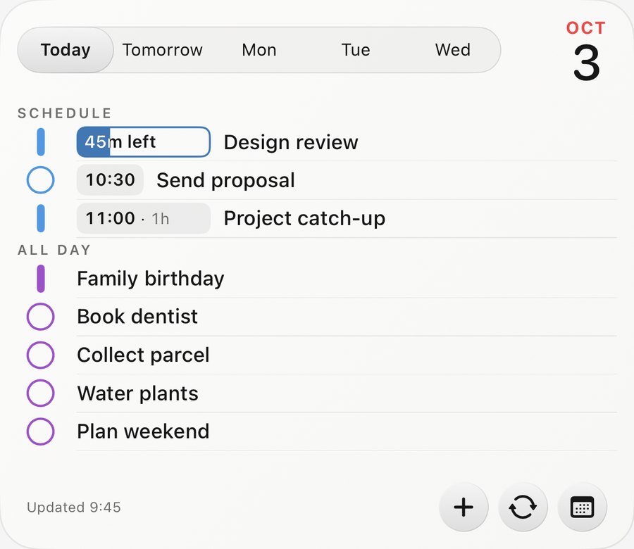 Large JoinVia widget with a schedule and all-day reminders